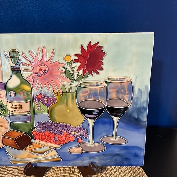 Vintage Hand Painted Wine & Cheese Themed Ceramic Home Decor Wall Hanging - Picture 3 of 4